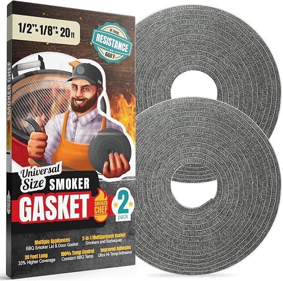 XXL 20 FT Smoker Gasket Seal - Grey 1/2 x 1/8 Hi-Temp Grill Gasket 2-Pack x 10 FT Self Stick Grey Nomex Fire Smoker Seal - Tape for BBQ Lid - Smoker Accessories
