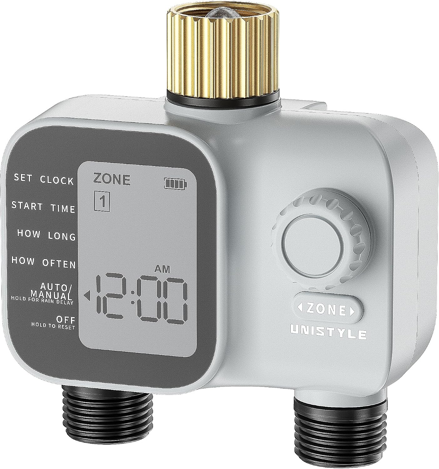 [2026 All-New] Water Timer 2 Zones, Unistyle Hose Timer 2 Outlets for Sprinkler Irrigation, Brass Inlet, Easy to Set up, Precise Control, Auto/Manual/Delay Modes for Garden Watering
