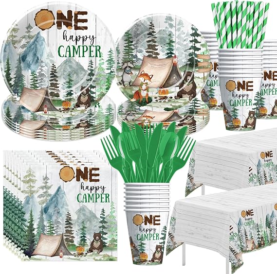APOWBLS Camping Party Decorations and Supplies For 1st Birthday, Serves 24