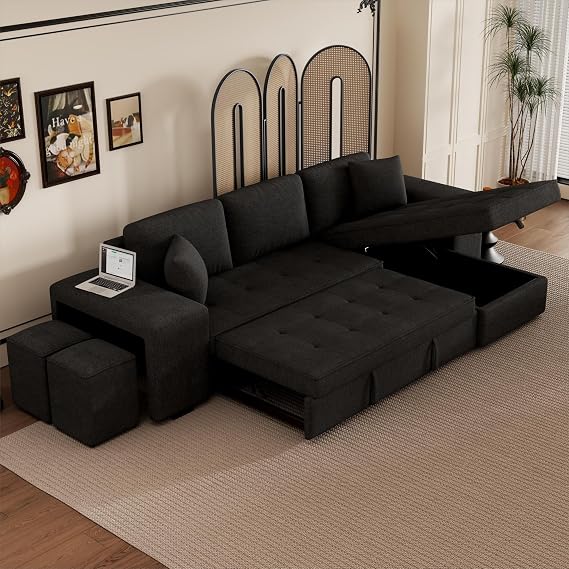 104" Modern L Shape 3 Seater Reversible Sectional Couch, Pull Out Sleeper Sofa with Storage Chaise and 2 Stools, Modern Sectional Sofa Bed for Living Room Furniture Set, Charcoal Grey