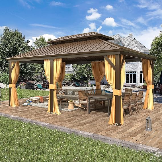 EROMMY 12'x18' Gazebo Hardtop, Galvanized Steel Double Roof Metal Gazebo with Aluminum Frame, Permanent Outdoor Pavilion with Curtain and Netting for Patio, Lawn and Garden, Brown
