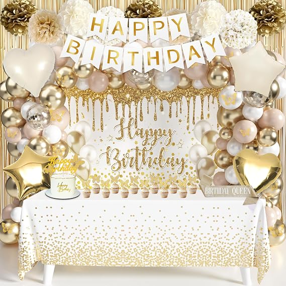White and Gold Birthday Party Decorations Set, 118 Pcs with Balloon Arch