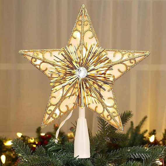 BrizLabs Gold Christmas Tree Topper, 9'' 3D Double Side Christmas Tree Star, Glitter Xmas Treetop with 10 Warm White Light, 120V UL Certified 5-Point Star Topper for Xmas Holiday Party