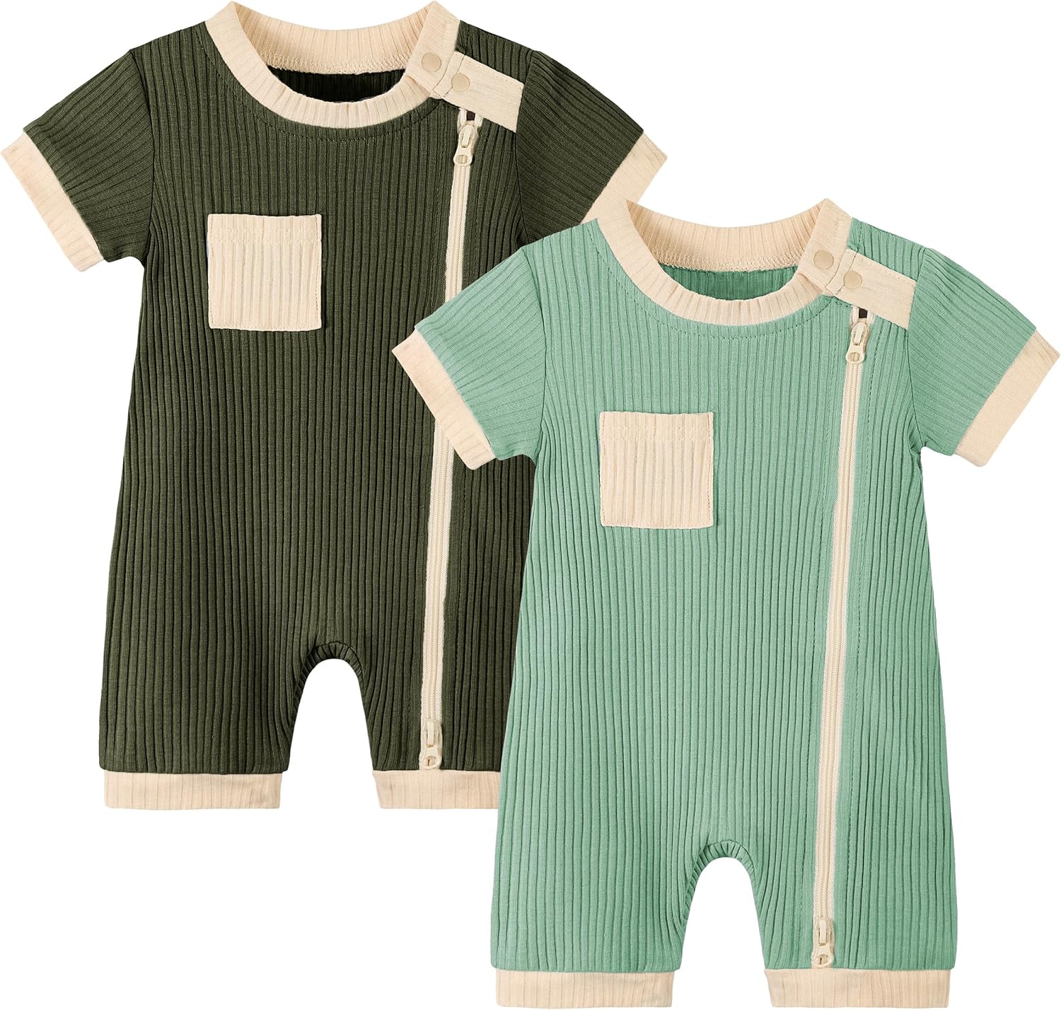 Volunboy Newborn Summer Clothes Unisex Baby Boy Girl 2 Pack Rompers Short Sleeve Two Way Zipper One-piece Jumpsuits Bodysuits