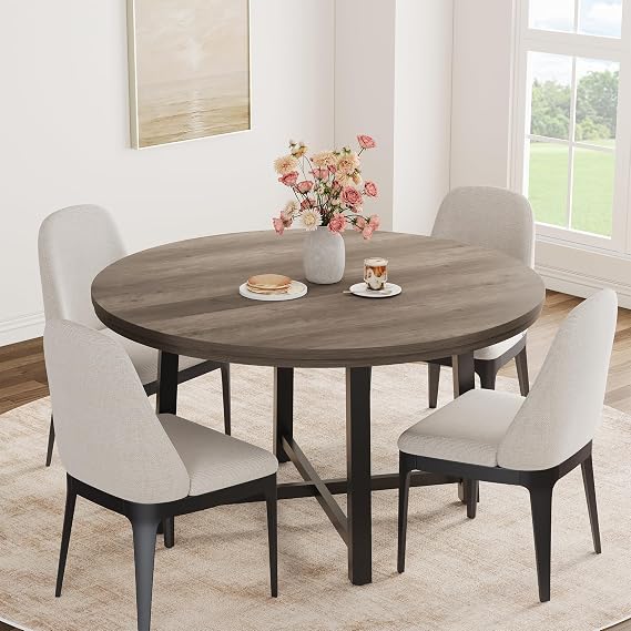 47 in Round Dining Table, Industrial Dinner Table for 4 to 6, Wooden Kitchen Table with Sturdy Metal Frame &amp; Rustic Light Oak Finish, Circle Kitchen Table for Dining Room, Kitchen（No Chairs), Gray