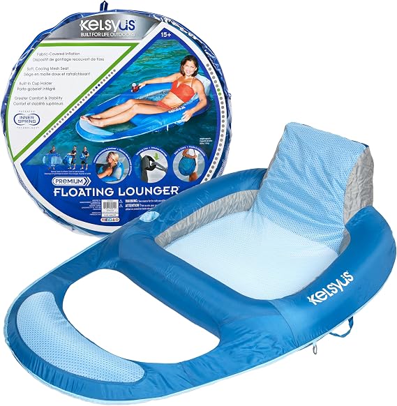 Kelsyus Spring Float Pool Lounger Chair, Light Blue | Fast Inflation for Immediate Use During Travel, Fits Most Adults and Teens, Teens & Adults Can Lounge Comfortably