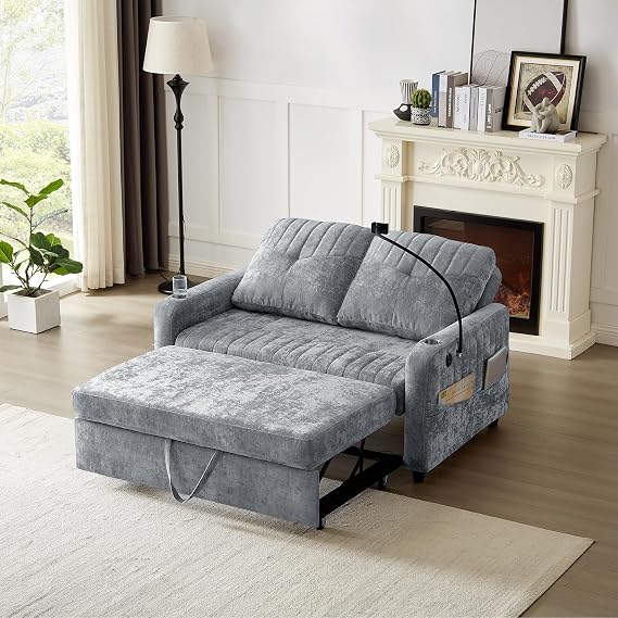 Sofa Bed, 53.9" Modern Loveseat Pull-Out Sofa Bed with Adjustable Backrest, 2 Cup Holders, Phone Holder, 3 Charging Ports and Side Storage Pockets for Small Spaces, Living Room, Bedroom (Grey)