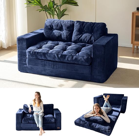 MAXYOYO Sofa Bed, Loveseat Sofa Convertable with 2 Pillows, 2 in 1 Comfy Corduroy Sofa 2 Seater, Floor Lounger Pull Out Sleeping Area 101x196CM, 15cm Thincken Foam