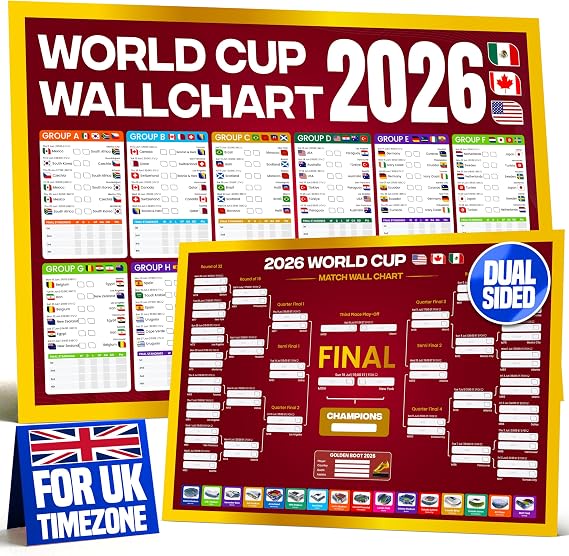 2026 World Cup Wall Chart A1 Red - Football Fixtures, Times &amp; Sweepstake | 84 x 59cm, 150gsm thick paper, Stadiums and host cities, BBC and ITV channels, All 48 teams, Made in Britain