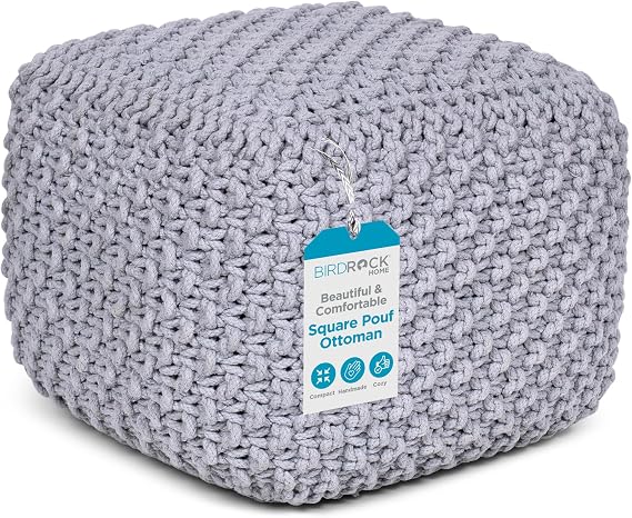 BIRDROCK HOME Square Pouf Ottoman - Cotton Braided Foot Stool with Bean Bag Filling - Compact and Comfortable Seating, Lightweight and Sturdy Boho Foot Rest for Living Room or Bedroom (Grey)