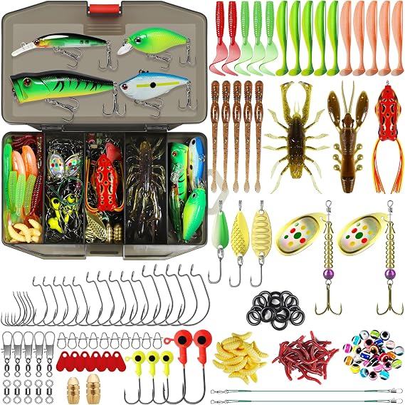 TRUSCEND Complete Fishing Lures - Tackle Box with Tackle Included - Crankbaits, Minnows, Frogs, Vibes, Poppers, Spinners, Spoons, Soft Baits, Fishing Gifts Accessories Kit for Bass Trout