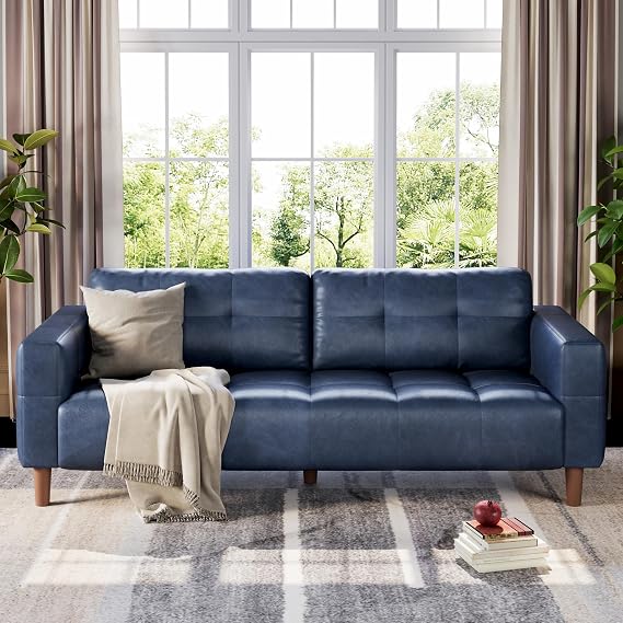 coucheta 3-Seater Sofa Couch, 83" Wide Faux Leather Sofa Couch with Spring Cushion, Modern Sofa with Deep Seats and 2 Removable Back Cushions, Blue