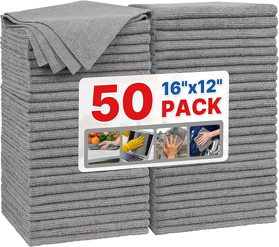 FIXSMITH Grey Microfiber Cleaning Cloth, Pack of 50, 16"X12" Cleaning Rags for Housekeeping and Kitchen, Reusable Shop Towels, Microfiber Towels for Cars, Lint Free, Scratch-Free, Highly Absorbent