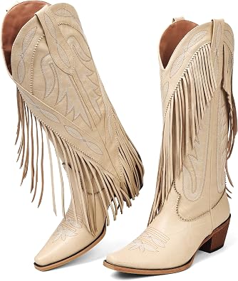 Cowgirl Boots for Women Retro Pointed Toe Pull On Block Chunky Heel Embroide Tassel Country Concert Outfits Mid Calf Western Fringe Cowboy Boots