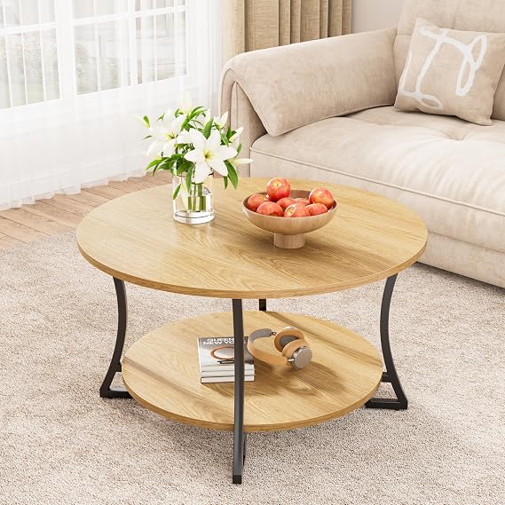 POZILAN Round Coffee Table with Storage, 31.5" Circle Coffee Table for Living Room, Clearance Round Coffee Tables Wood Center Table, Easy Assembly, 31.5 Dia. x 17.7 H Inches, Natural Color