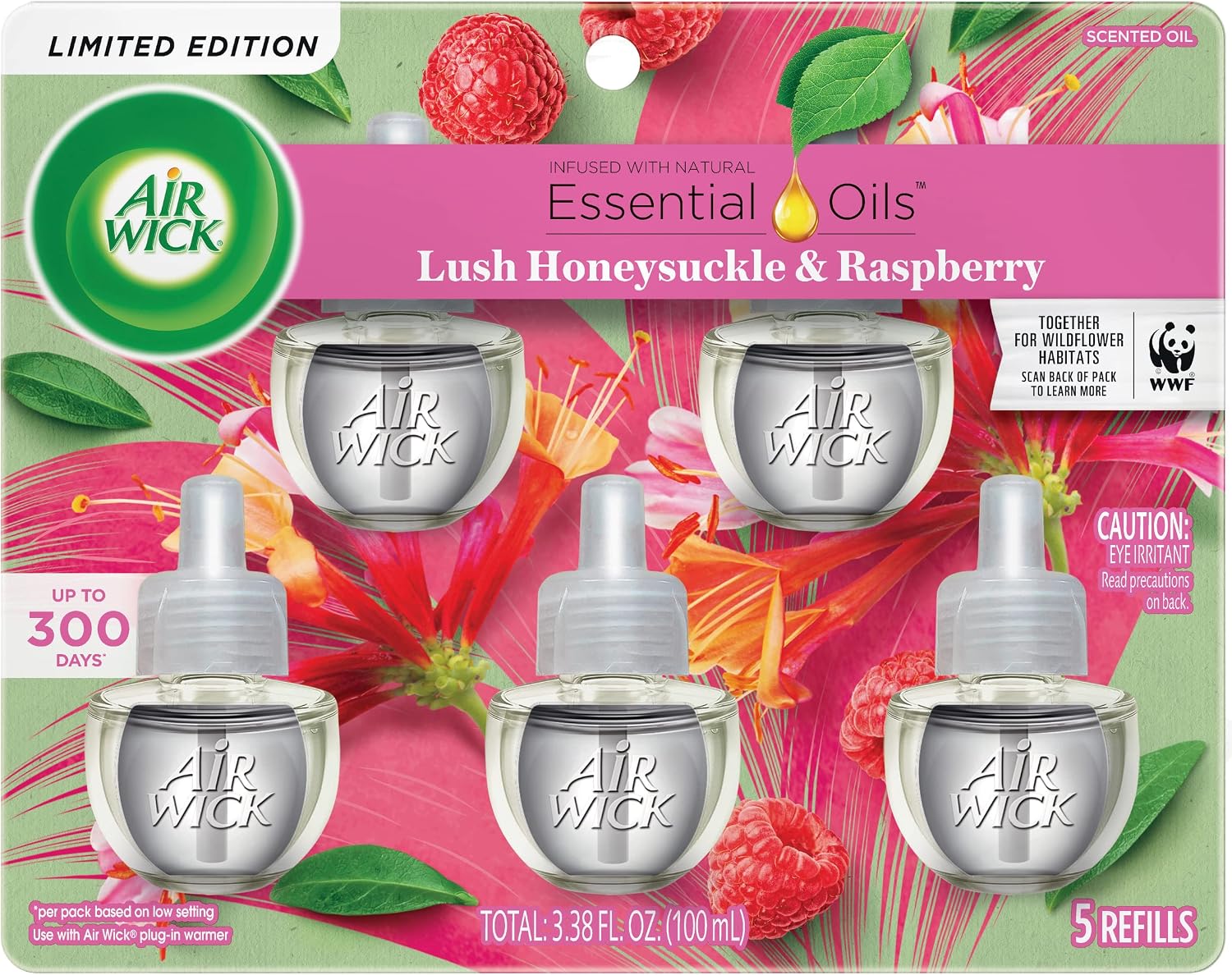 Air Wick Plug in Scented Oil Refill, 5 ct, Lush Honeysuckle and Raspberry, Air Freshener, Essential Oils, Spring Collection