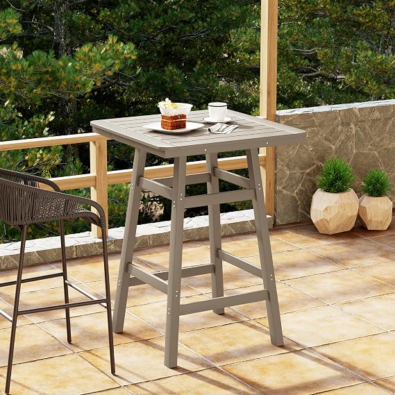 Costaelm Outdoor Bar Table, 42" Counter Height Square Patio Cocktail Bar Table with Umbrella Hole, Patio Bistro Dining Pub Table for Front Porch Deck Backyard Garden, Weathered Wood