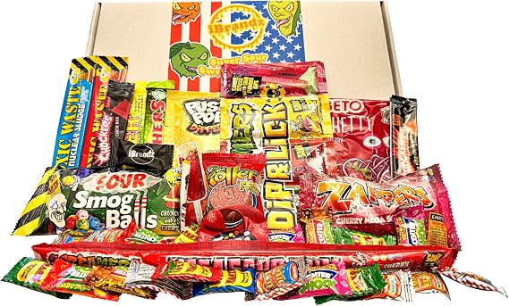 Super Sour Sweet Gift Box Hamper 34 Treats Ultimate American and World Candy. Gift for Adults or Children as Birthday Christmas Easter Gift for him or her.