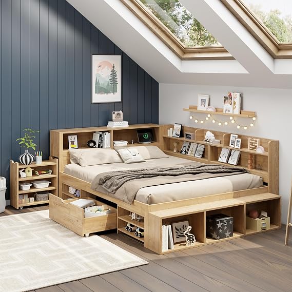 KUIKUI Double Bed Frame with Storage, Corner Bed with Storage Bookcase and Compartments, Day Bed with Charging and Wooden Slatted Frame, No Mattress, 135 x 190cm, Natural Color