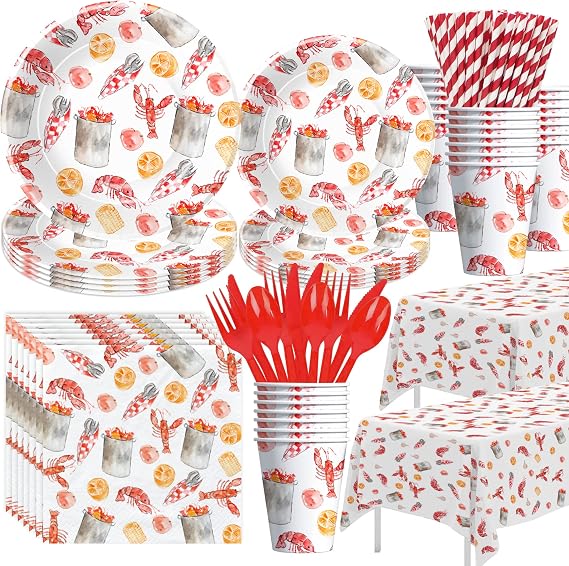 APOWBLS Crawfish Boil Party Supplies, Lobster Table Decorations, Serves 24 | Disposable Paper Plate, Cup, Napkin, Tablecloth, Cutlery, Crayfish Crab Seafood Shrimp Theme Party Supplies for Birthday