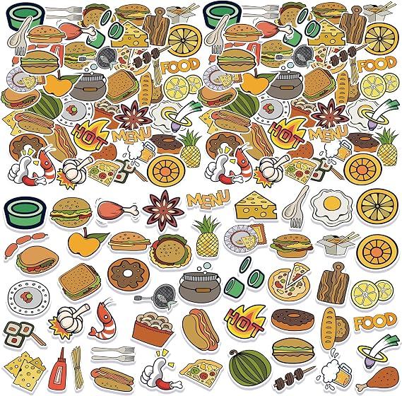 150 Pcs Aesthetic Vinyl Stickers for Water Bottles,Cute Waterproof Trendy Stickers for Labels,Scrapbooking,Wedding Place Cards,Water Bottles,Laptop,Phone,Guitar,Luggage (Multicolor Food)