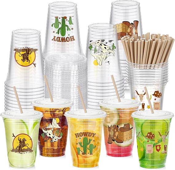 Kochorie 50 Set Western Cowboy Plastic Cups with Lids and Straws 16 Oz Disposable Howdy Brown Clear Cowboy Cowgirl Coffee Drinking Cups for Rodeo Party Decoration Boho Preppy Birthday Party Supplies
