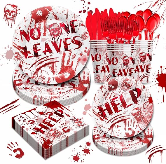 168Pcs Bloody Horror Party Supplies Serves 24 Guests, 300GSM Blood Splatter Paper Plates, Cups And Napkins, Cutlery Set, Suitable For Spooky Summerween & Halloween Midnight Haunted Party Table Decor