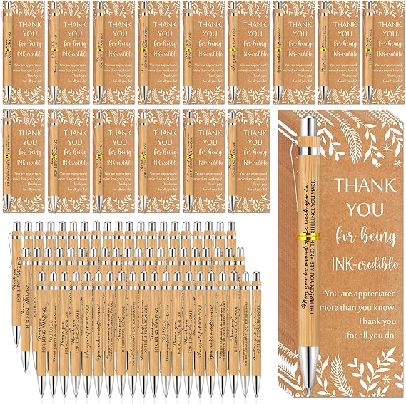 ReliThick 30 Sets Inspirational Pen Bulk Welcome Gifts from Teacher Employee Bamboo Ballpoint Pen with Thank You Greeting Card Employee Appreciation Back to School Gift for Nurse Office Team Volunteer