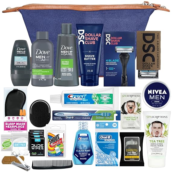 Convenience Kits International Mens Super Premium 34 PC Travel Kit Featuring: Travel-Size Hair Care Products Plus Face, Body, Oral Care, Travel Essentials in Large Canvas Toiletry Bag (Navy)