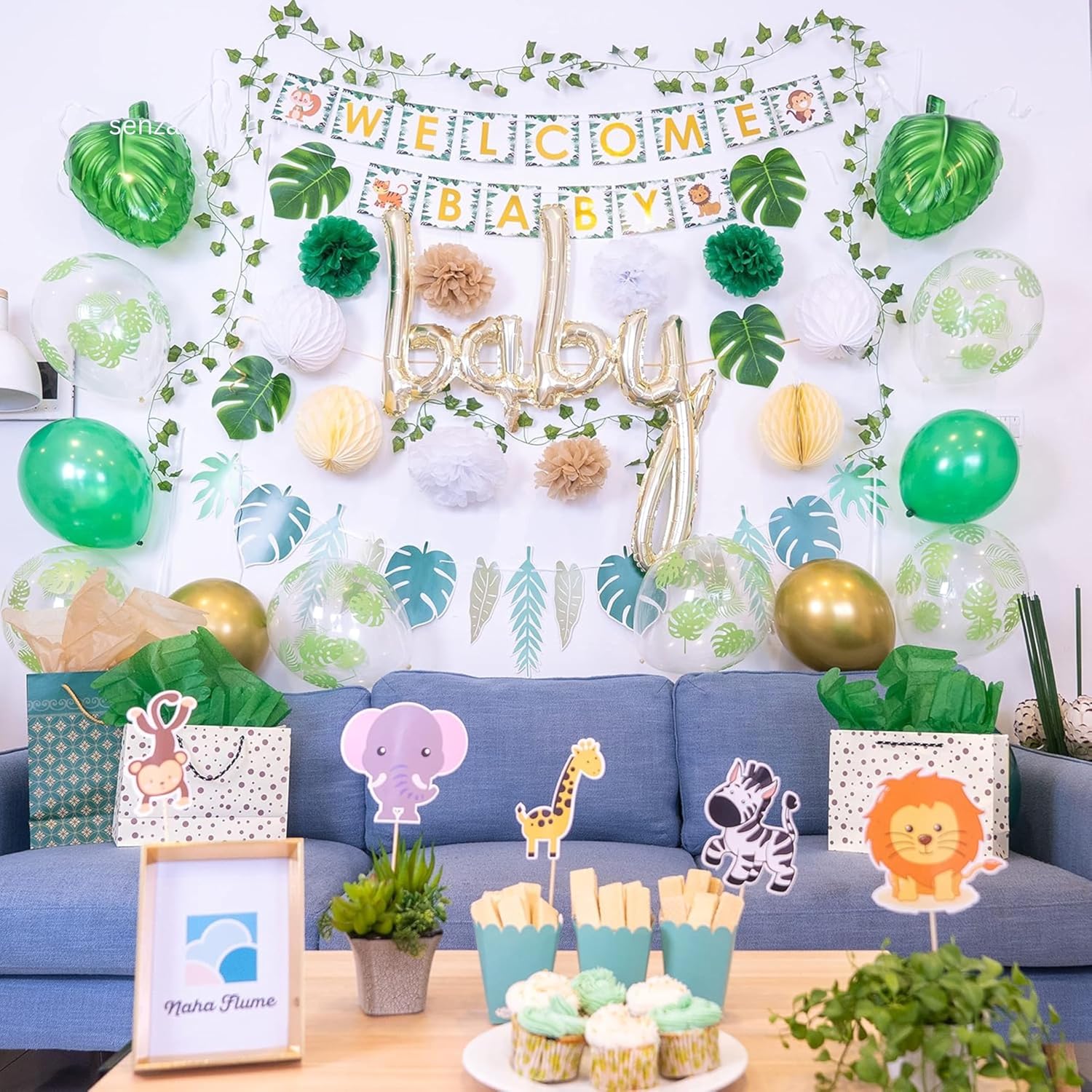 Safari Baby Shower Decorations for Boy - 60 PCS Jungle Baby Shower Decorations - Baby Boy - Jungle Theme Decor - Greenery Neutral Oh Baby