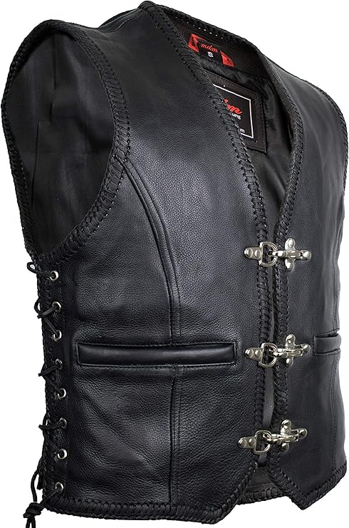 Men's biker motorcycle leather vest with buckles in black