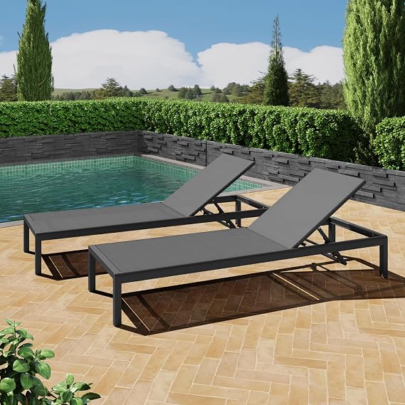 LUMISOL Outdoor Lounge Chair Set of 2, Aluminum Lounge Chair with Adjustable Backrest, Patio Reclining Loungers with Wheels for Outside Sunbathing, Backyard, Poolside, Black Gray