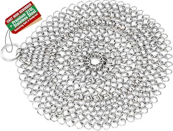 AMAGABELI GARDEN & HOME 8x8 316L Cast Iron Cleaner Stainless Steel Chainmail Scrubber for Cast Iron Pan Skillet Cleaner Dishes Pot Dutch Oven Wok Grills