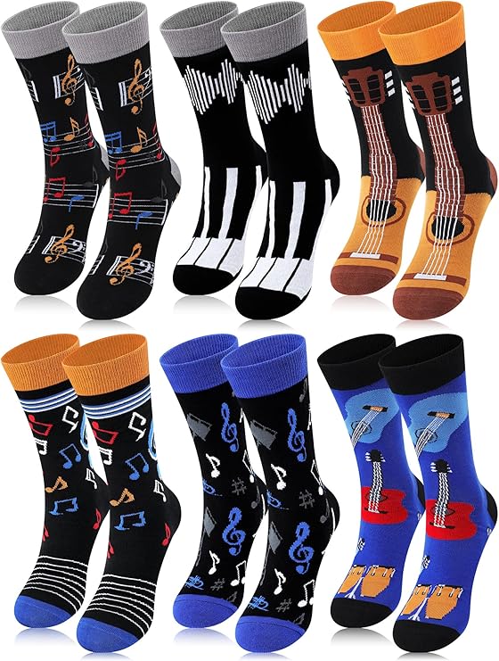 Berlune 6 Pairs Music Gifts for Men Funny Socks Music Lovers Gifts Novelty Musical Rocker Piano Notes Guitar Socks Fun Epic The Musical Merch for Fathers Day Birthday Party Favors