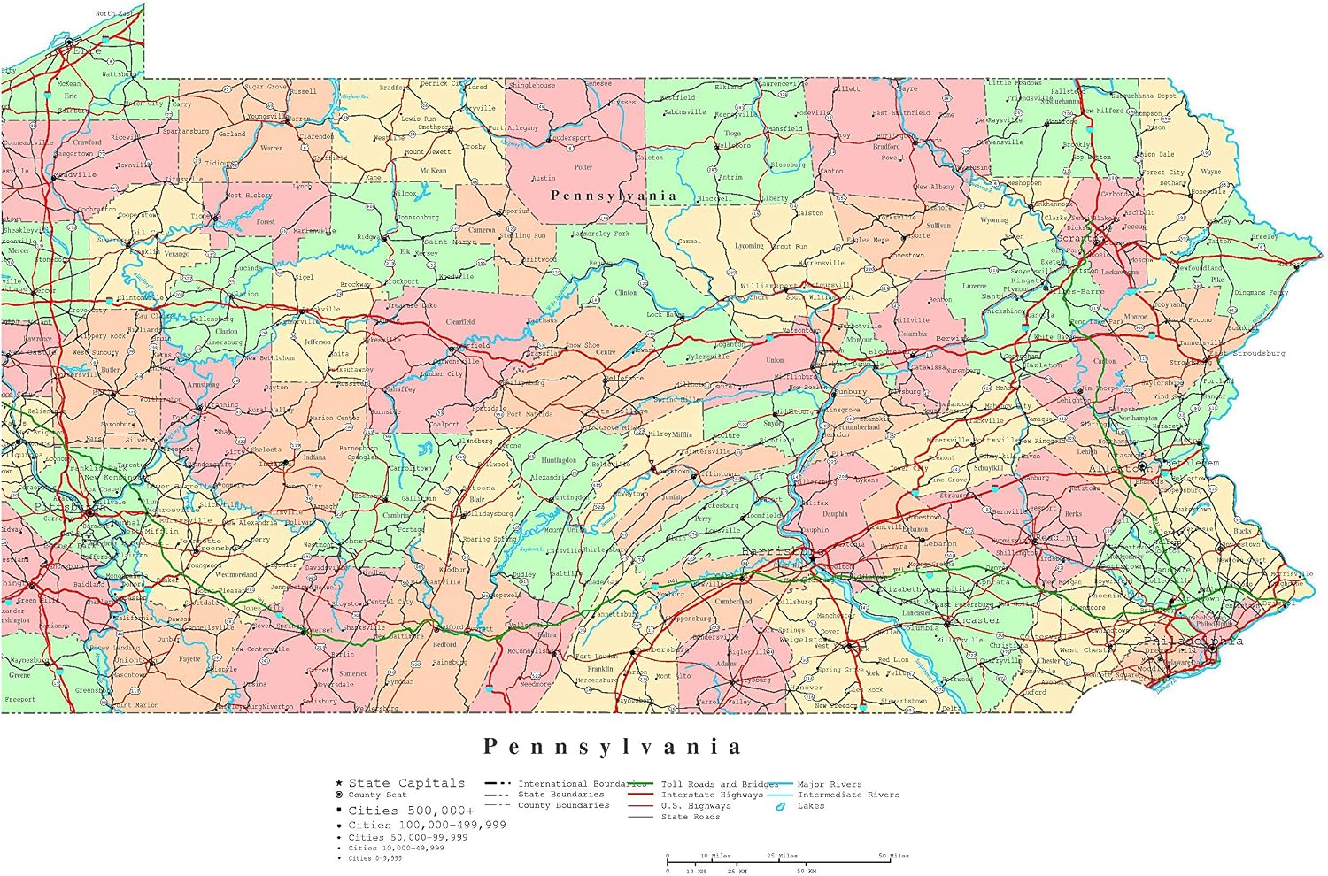 Home Comforts Large Detailed Administrative map of Pennsylvania State with Roads, Highways and Cities Vivid Imagery Laminated Poster Print 12 Inch by 18 Inch