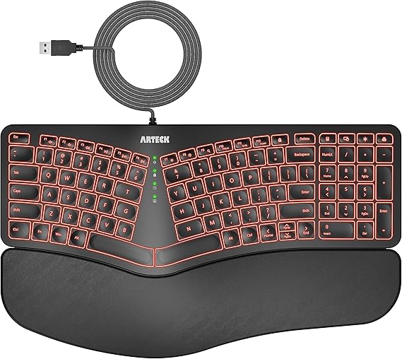 Arteck Split Ergonomic Keyboard with Palm Rest, USB Wired Backlit Keyboard