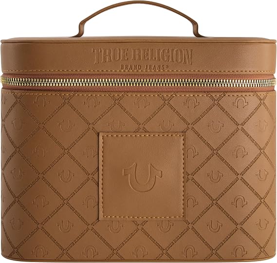 True Religion Women's Makeup Bag, Large Travel Cosmetic Case Organizer with Mirror, Brown