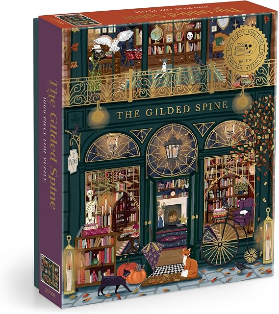 Galison - The Gilded Spine 1000 Piece Jigsaw Puzzle with Foil for Adults | Illustrated by Sally Wilson, Book Storefront, Gold Accents, Challenging, Recycled Paper, No Dust, Finished Size 27" x 20"