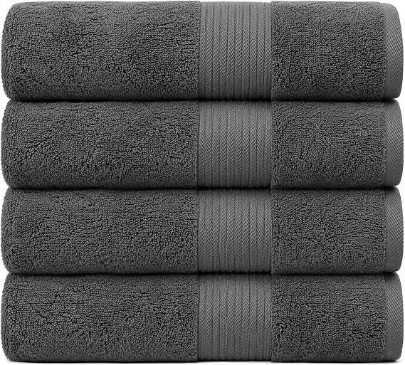 Luxury Bath Towels 4 Pack 650 GSM, 34"x56" Bath Towels Large - Dark Grey | Oversized Towels For Bathroom, Thick, Soft & Highly Absorbent Combed Cotton Quick Dry Bath Towels