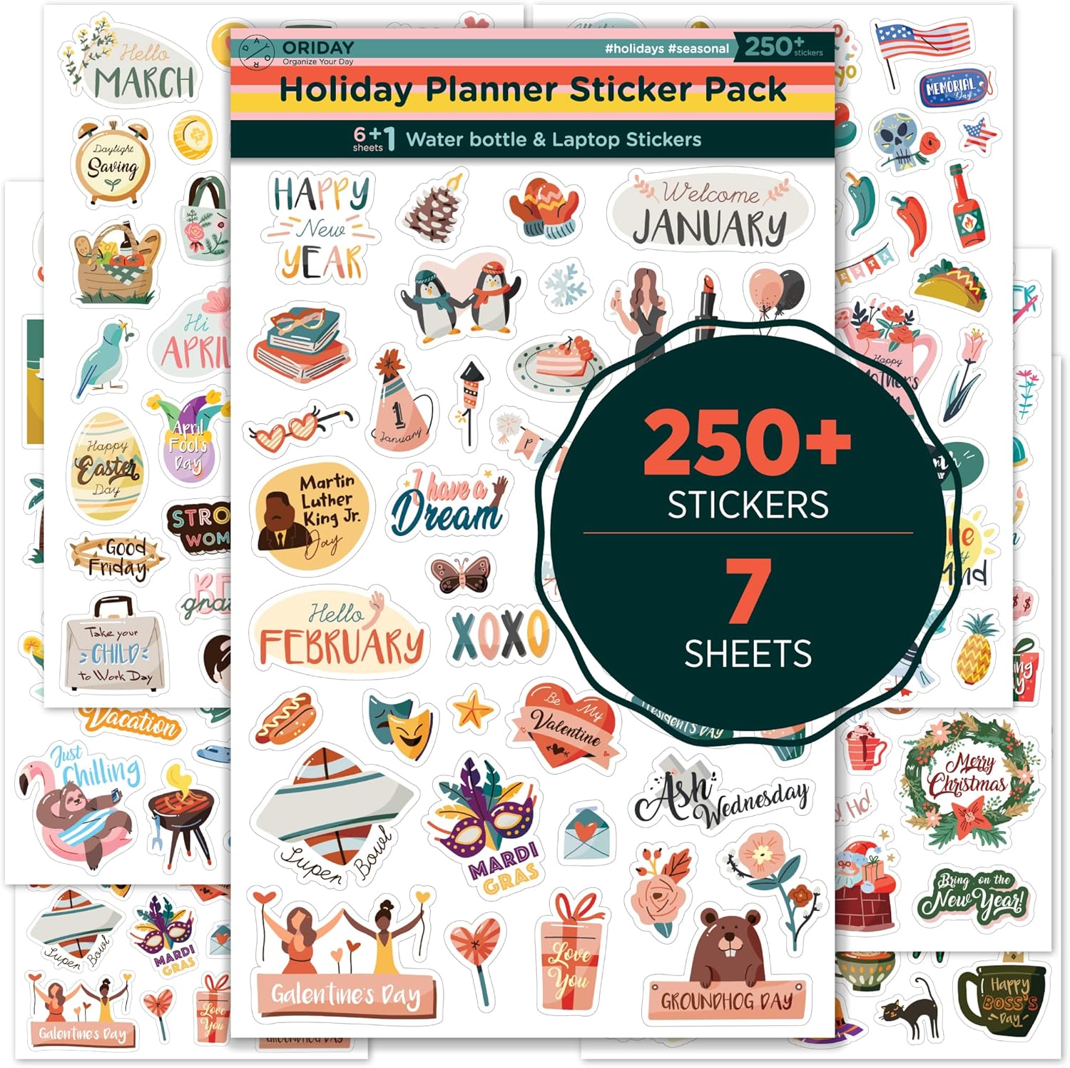 Happy Holiday Seasonal Planner Sticker Pack - 500 Cute Stickers for Daily Planners - Monthly Events, Halloween, Calendars, Journal, Female Emprovement, Teachets, 6 Water Bottle Sticker Pack