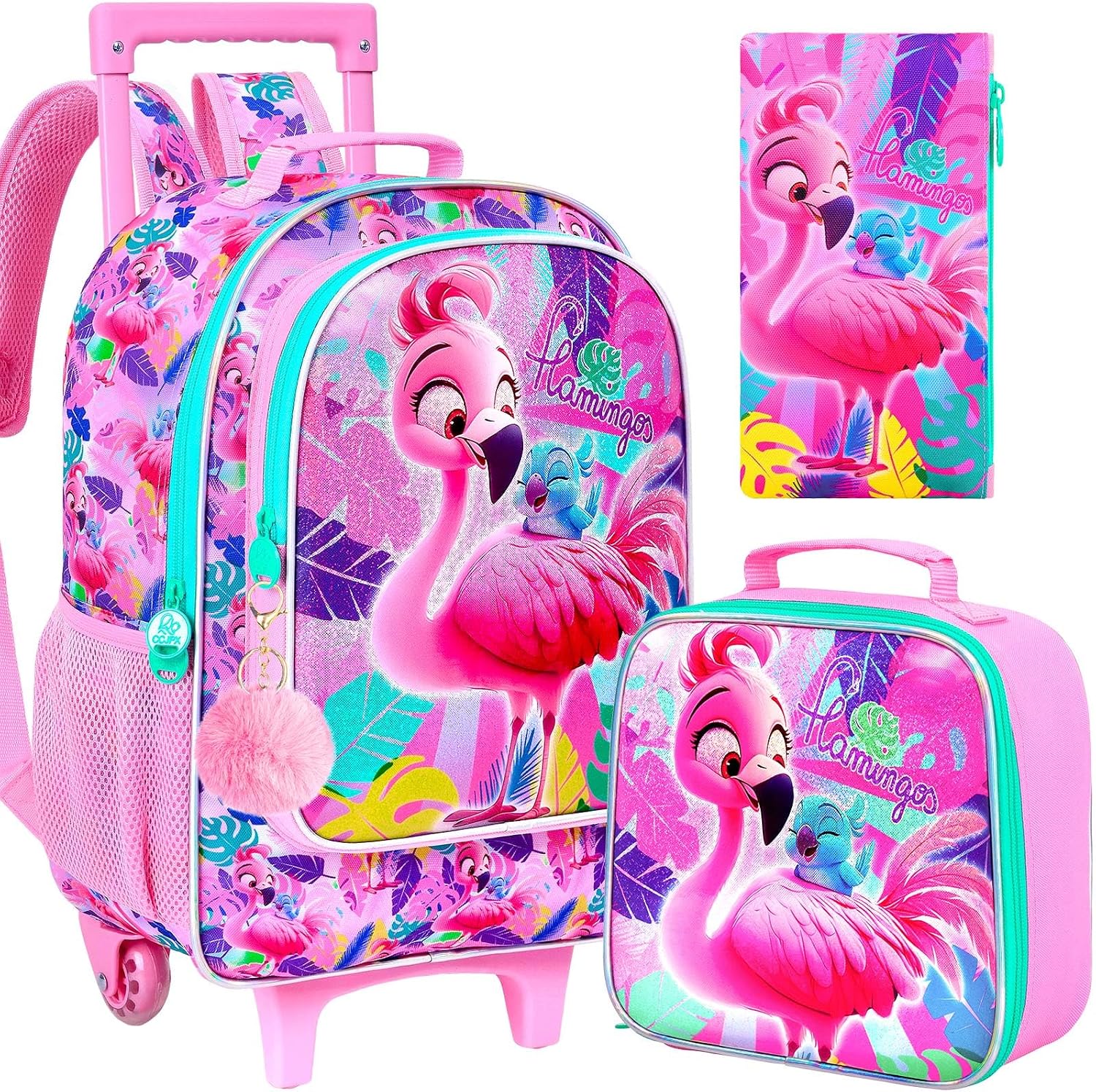 3PCS Kids Rolling Backpack, Girls Roller Wheels Bookbag, Wheeled Elementary School Bag with Lunch Bag - Flamingo
