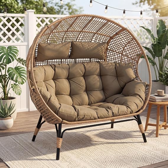 RADIATA Outdoor Double Egg Chair, Oversized 2 Person Wicker Egg Shell Chair with Padded Cushion, Stationary Loveseat Lounge for Patio, Garden, Porch, Balcony, or Indoor Use, Brown