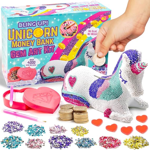 GirlZone Diamond Painting Bank Unicorn Kit - Medium, Multicolor, Box Style - DIY Paint Your Own Unicorn Bank Diamond Art Kit with Over 4,000 Gems & Storage - Kids Craft for Girls