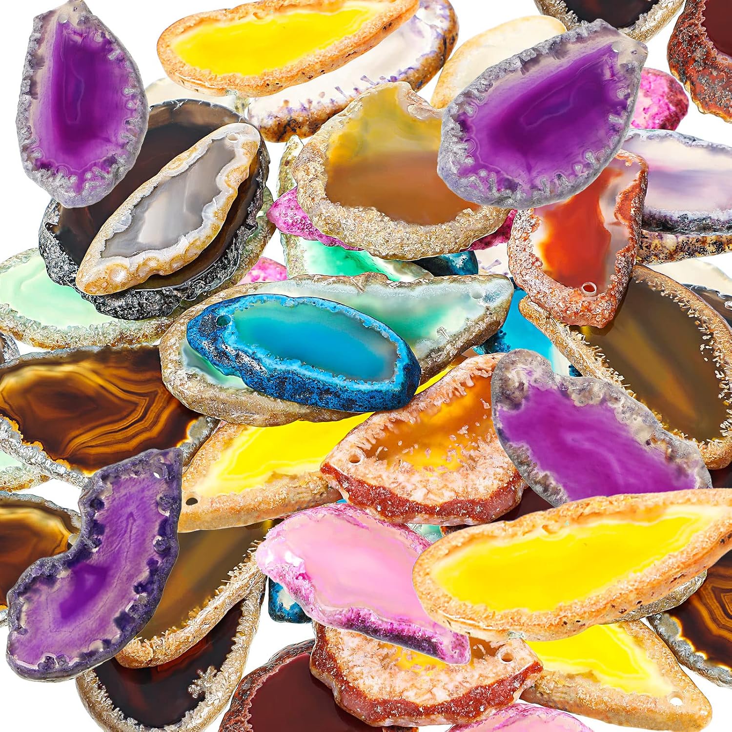Hicarer 24 Pieces Polished Agate Slices, Drilled Agate Geode Pendants in Various Sizes and Colors Irregular Ornament Geode Stones Rock for Home Room DIY Jewelry Table Decorations