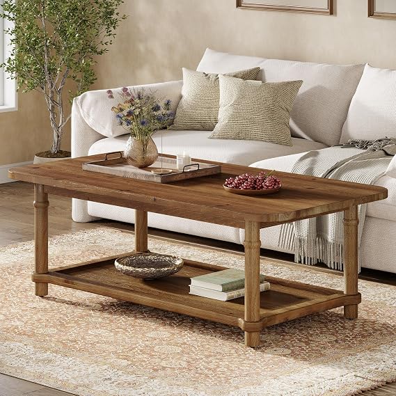 47" Rectangle Coffee Table, Solid Wood Center Table with 2-Tier Storage, Modern Farmhouse Coffee Tables for Living Room, Home & Family Room, Natural Brown