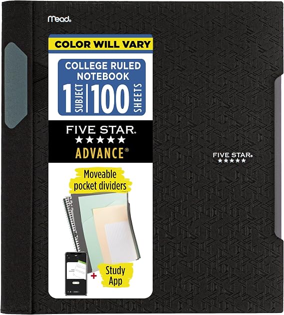 Five Star Advance Spiral Notebook  Study App, 1 Subject, College Ruled Paper, 8-12 x 11, 100 Sheets, Spiral Guard, Movable Tabbed Dividers, Black 820012A-ECM