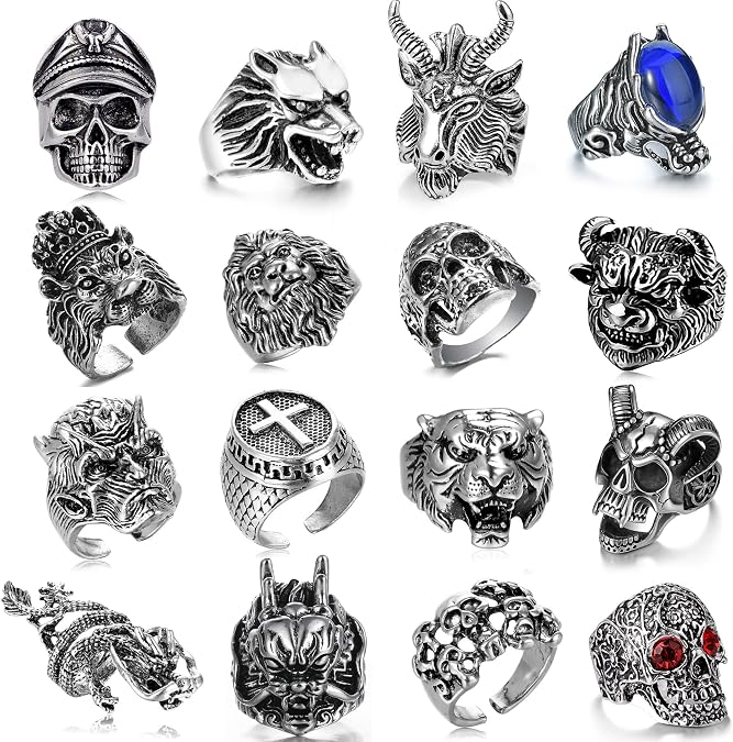 GIFIKOI 16-24 Pcs Vintage Punk Rings Set Gothic Biker Adjustable Rings Skeleton Skull Ring Feather Snake Drgon Lion Wolf Tiger Head Ring