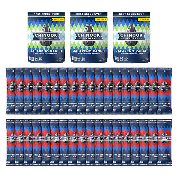 Chinook Seedery Smokehouse BBQ 1.5oz (36 Pack) & Jalapeno Ranch 4oz (3 Pack) Combo - Roasted Jumbo Sunflower Seeds - Keto Snacks - For Snack Packs - Gluten Free, Non GMO Snack Food Gifts