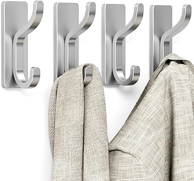 pickpiff Adhesive Wall Coat Hooks - Heavy Duty Stick-On Door Hanger, Metal Hook for Hanging Towel,Purse, Robe, Backpack, Jacket, Clothes - for Bathroom,Dorm, Closet, Kitchen - Silver, 4 Pack