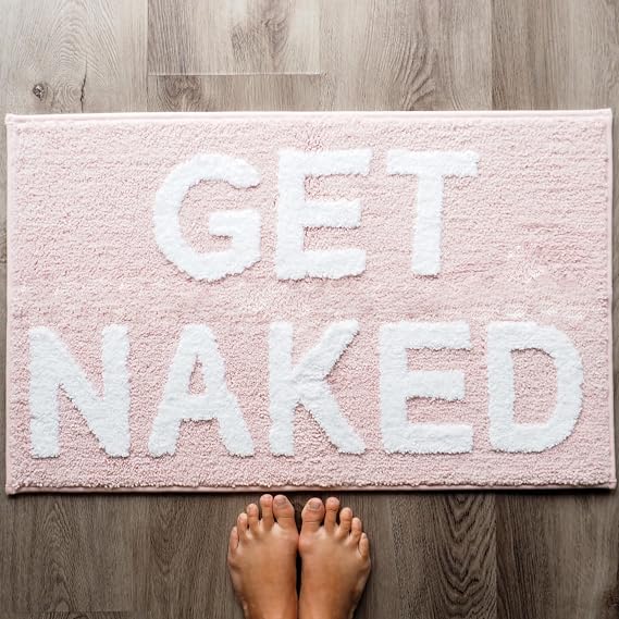 Evovee Get Naked Bath Mat 31.5x20 Funny Cute Bathroom Rugs Get Naked Rug Shower Funny Bathroom Decor Fun Cute Bath Mat Non-Slip Washable College Light Pink White